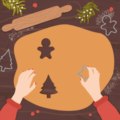 cute hand drawn cartoon character female hands making homemade traditional christmas holiday cookies top view cozy seasonal flat style vector illustration 