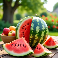 Fresh watermelon slices with whole fruit and apples in summer garden