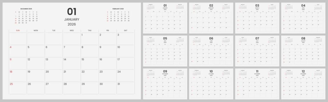 Simple and clean calendar template for 2026. Modern 2026 desk calendar design for company. Monthly calendar for 2026 with daily planer.