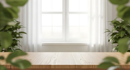 Product Display Mockup on Wooden Table with Bright Window Background.