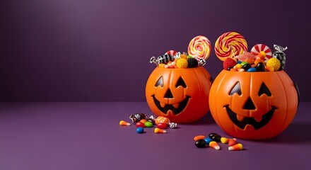 Halloween Pumpkin Buckets Filled with Candy on a Purple Background