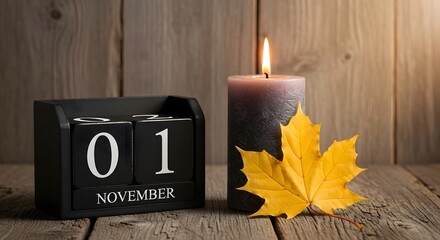 Commemorative scene for All Saints' Day featuring a November 1st block calendar, a burning candle, and a fall leaf on a wooden surface