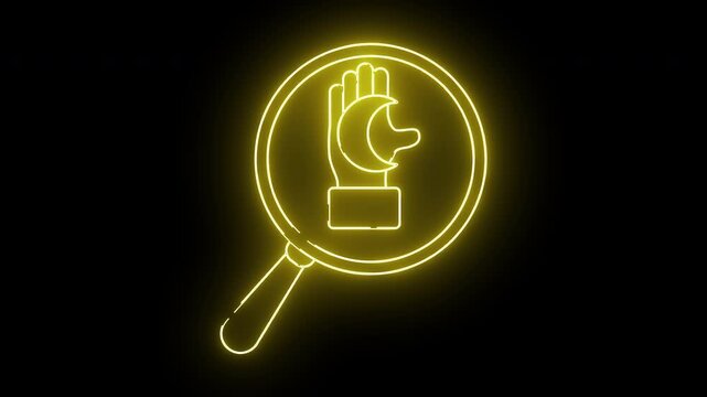 A yellow neon outline of a magnifying glass enclosing a hand holding a crescent moon set against a black background