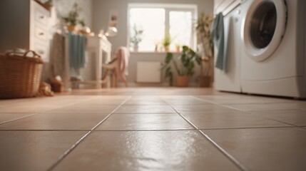 laundry room floor with machine and plants