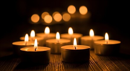 A tranquil arrangement of multiple lit tea light candles casting a warm, soft glow in a dimly lit setting, creating a peaceful and contemplative ambiance