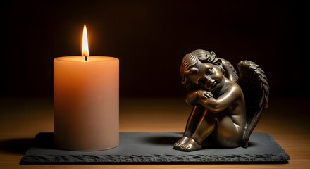 Flickering flame of a single candle gently illuminates a thoughtful angel figurine, creating a serene atmosphere of remembrance and solace in the quiet darkness