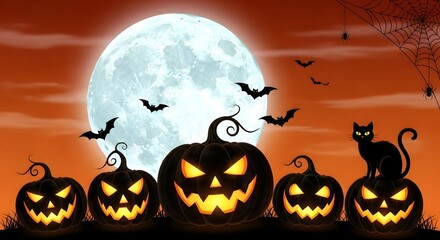 Halloween Night Festive Pumpkin Display Under the Full Moon with Bats and a Black Cat