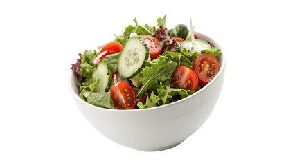 Fresh garden salad with mixed greens, tomatoes, and cucumbers served in a white bowl for a healthy...