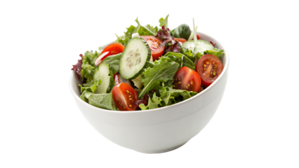 Fresh garden salad with mixed greens, tomatoes, and cucumbers served in a white bowl for a healthy meal on a transparent background