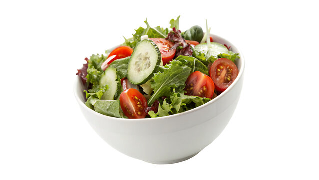 Fresh garden salad with mixed greens, tomatoes, and cucumbers served in a white bowl for a healthy meal on a transparent background