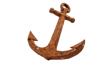 Rusty anchor resting on a white background showcases marine heritage and history in a simple yet striking way on a transparent background