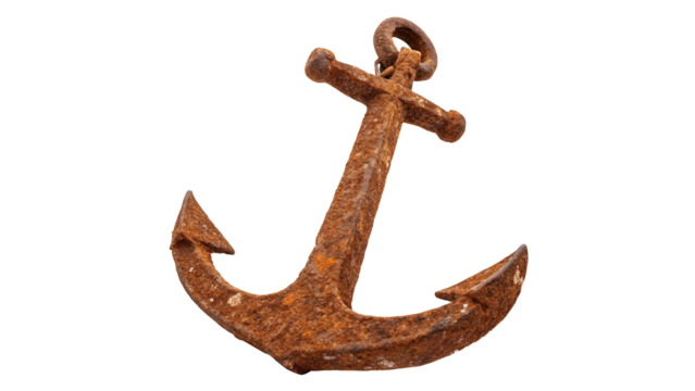 Rusty anchor resting on a white background showcases marine heritage and history in a simple yet striking way on a transparent background