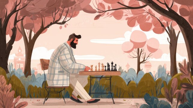 Sports and Hobbies illustration A man playing chess in a park intellectual vibe cinematic composition Man lifestyle