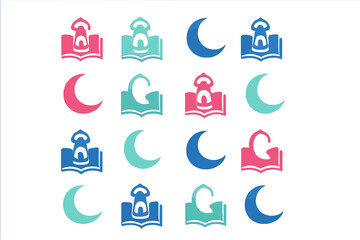 Repeating pattern of Islamic religious symbols including crescent moons and stylized open books with mosque arches