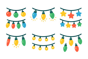 Set of festive hanging decorative lights featuring various colored bulbs and star shapes