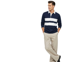 A man standing in a casual pose, wearing a navy and white striped sweater and beige pants, against transparent background