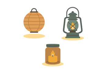 Traditional lighting objects set: paper lantern, vintage oil lamp, and candle in glass jar