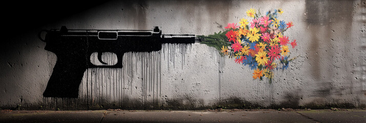 Close-up of a stencil mural of a black handgun shooting out a colorful bouquet of flowers, symbolizing peace, hope, and the end of war through street art expression. Generative Ai.