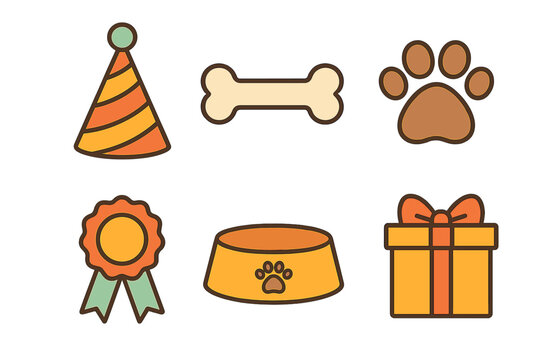 Cute pet celebration items including party hat, bone, paw print, medal, food bowl, and gift box