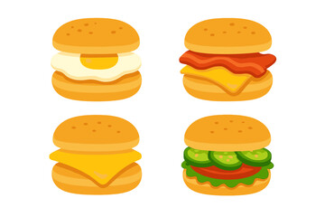 Set of four delicious breakfast sandwiches and mini burgers with various fillings like egg, bacon, cheese, and vegetables