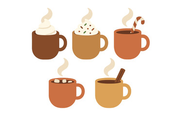 Five steaming mugs of hot chocolate and spiced beverages with various toppings and garnishes