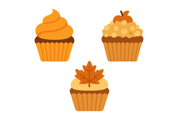 Set of autumn cupcakes with pumpkin spice frosting, apple topping, and maple leaf decoration