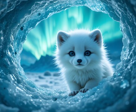 Arctic Fox Kit in Ice Cave with Northern Lights
