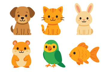 Cute cartoon domestic animals collection featuring dog cat rabbit hamster parrot goldfish
