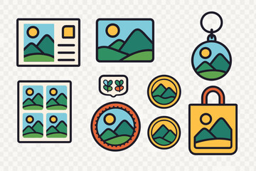 Minimalist collection of outdoor landscape symbols featuring mountains sun and green hills