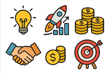 Essential business startup symbols showing idea, financial growth, partnership, and goal achievement