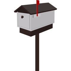A Simple Wooden Mailbox With A Red Flag On A Dark Brown Pole Against A White Background