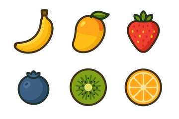 Colorful collection of six tropical and berry fruits: banana, mango, strawberry, blueberry, kiwi, orange