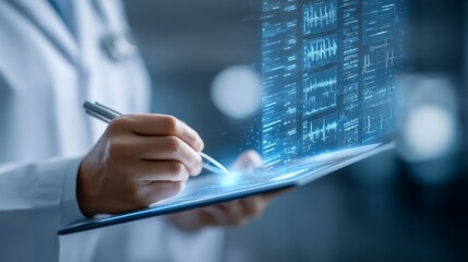 In a modern medical setting, a doctor uses a stylus to navigate a digital checklist, reviewing vital health information and making informed decisions about patient care
