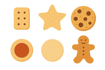 Assortment of six sweet baked cookies and biscuits including gingerbread man and chocolate chip