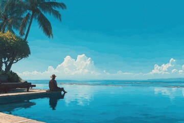 Fototapeta premium Luxury and Success illustration A man relaxing in a infinity pool overlooking Bali tropical luxury Man lifestyle