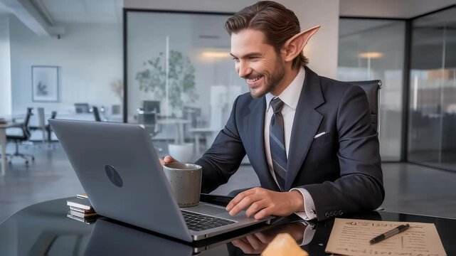 Businessman with elf ears working on laptop in office drinking coffee and smiling at desk fantasy corporate concept
