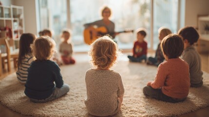 children sit in circle listening to music