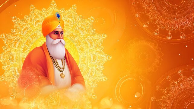 Guru Nanak Jayanti Wearing Traditional Turban and Jewelry Surrounded by Ornamental Mandala in Bright Orange Background. Parkash Guru Nanak Dev Ji. Guru Nanak Gurpurab. Punjab Gurpurab. Ik Onkar. Sikh