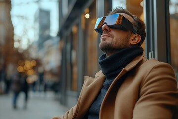 Serious and focused young businessman sits on a bench outside an office building, wearing a virtual mask and working remotely with full concentration, Generative AI