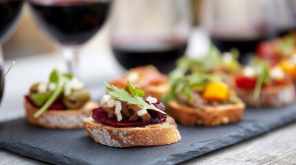 Guests enjoy a refined corporate event, savoring a selection of gourmet appetizers on a slate platter while sipping rich red wine. The elegant atmosphere enhances the experience