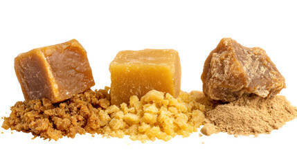 Three blocks of jaggery and jaggery powder isolated on transparent background