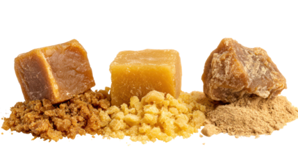 Three blocks of jaggery and jaggery powder isolated on transparent background