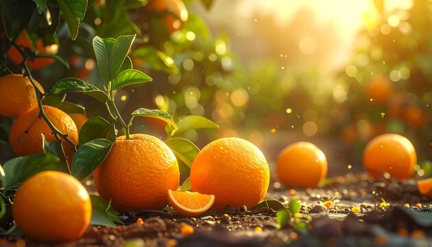 Brightly lit orange grove, ripe fruit on trees and ground, focus on foreground oranges, bokeh