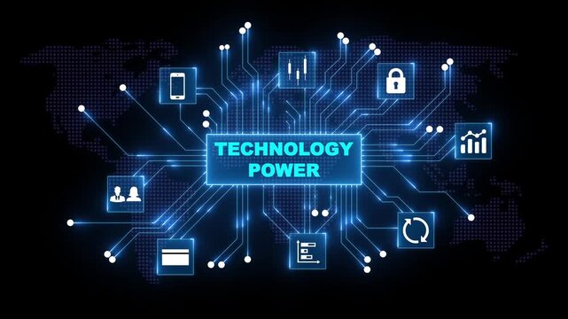 Futuristic digital network connecting global data flow with technology power icons for finance security communication and analytics on a dark world map background - Powered by Adobe