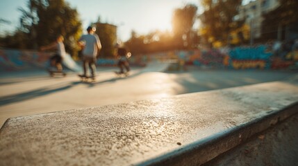 teenagers skateboarding at skatepark during sunset