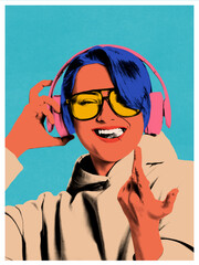 Pop art collage. Smiling woman in headphones with yellow glasses in retro futurism style on cyan background. Concept of streaming services, youth culture, social media visuals, and modern ads design.