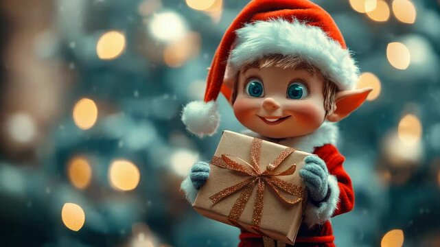 Santa's elf with gift box,realistic art photography for advertising,holiday christmas concept,creative composition from stock photos