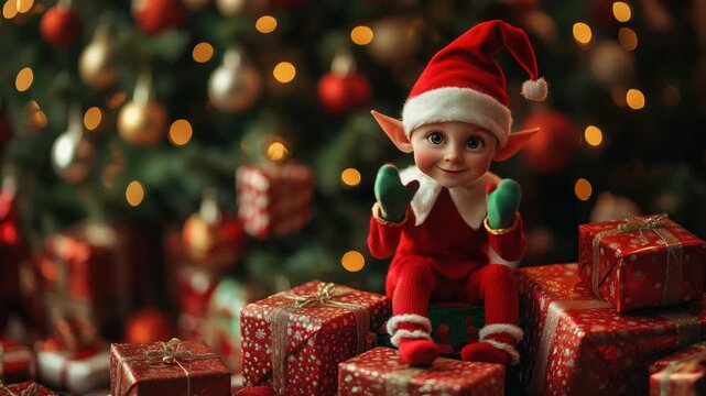 Santa's elf with gift box,realistic art photography for advertising,holiday christmas concept,creative composition from stock photos