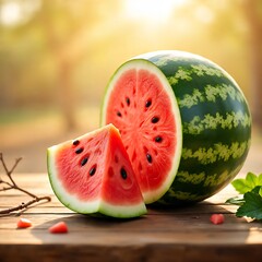 Ripe watermelon half with juicy slice on rustic wooden table