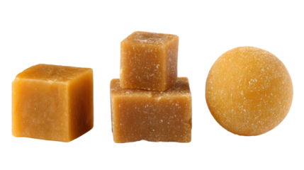 Sets of jaggery in rectangular cylindrical and triangular shapes on transparent background